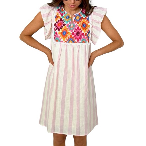 THML Pink & Ivory Striped Print Embroidered Floral Flutter Sleeve Mini Dress - S - Picture 1 of 11